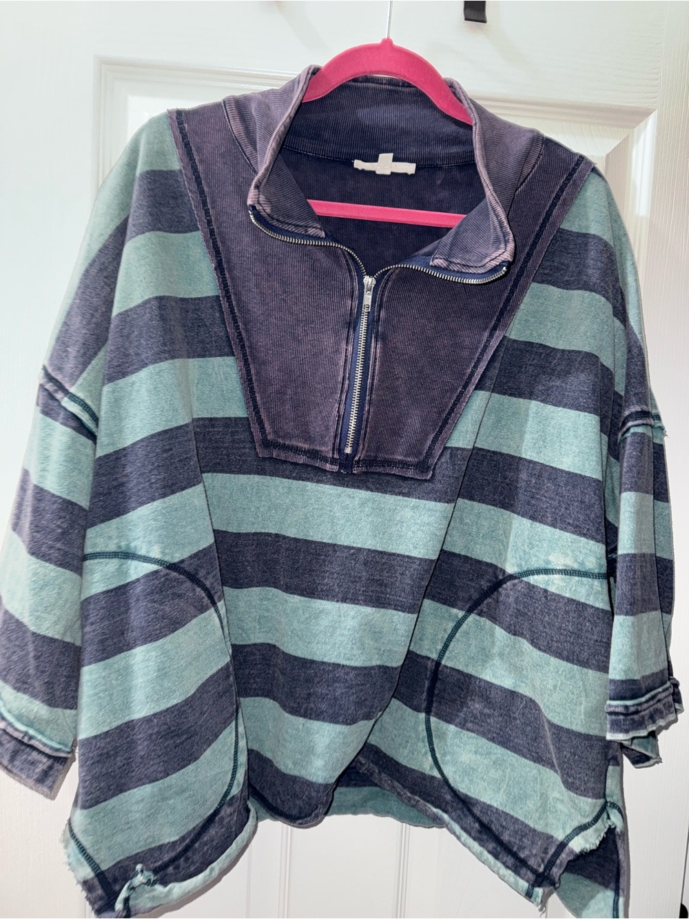 Striped Half-Zip Pullover Sweater in Teal and Navy